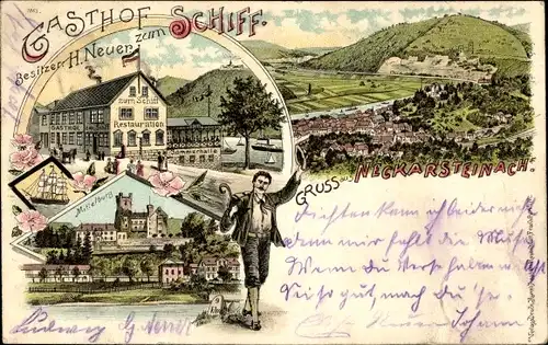 Litho Neckarsteinach in Hessen, Gasthof zum Schiff, Mittelburg