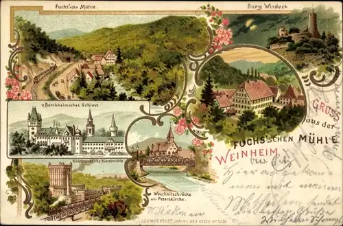 Litho Weinheim an der Bergstraße Baden, Fuchssche Mühle, Burg Windeck, Schloss, Peterskirche, Brücke