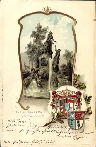 Präge Wappen Passepartout Litho Ludwigshafen am Rhein, Jubiläumsbrunnen