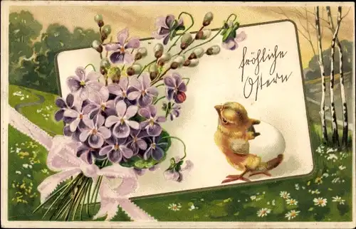 Präge Litho Glückwunsch Ostern, Küken, Osterei, Veilchen