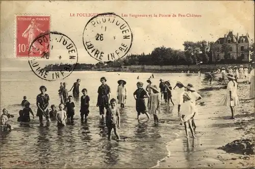 Ak Pouliguen Loire-Atlantique, Les Baigneurs et la Pointe de Pen Chateau