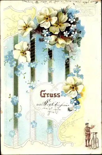 Litho Blumen, Veilchen, Fahrradfahrer