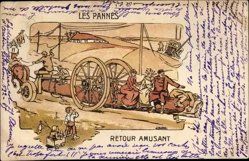 Litho Les Pannes, Retour Amusant, Auto hat eine Panne, Pferdefuhrwerk