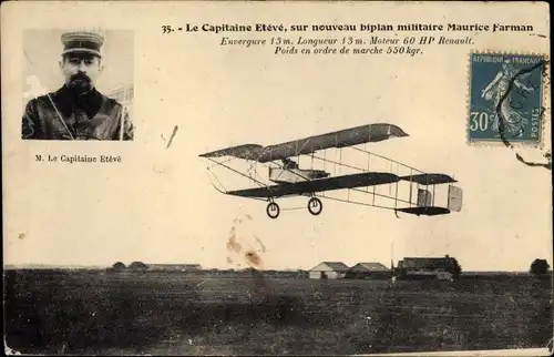Ak Französisches Militärflugzeug, Biplan Maurice Farman, Capitaine Eteve