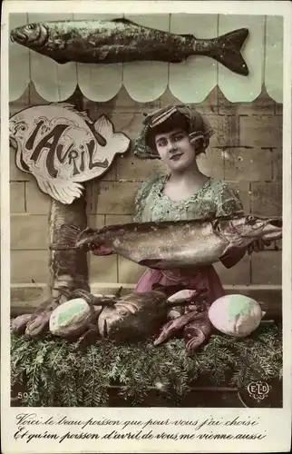 Ak Glückwunsch, 1. April, Frau mit Fischen