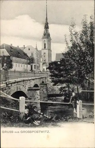 Ak Großpostwitz in Sachsen, Teilansicht mit Kirche, Brücke