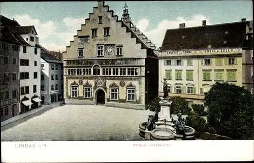 Ak Lindau am Bodensee Schwaben, Rathaus und Brunnen, Hotel, Gasthof, Nr. 28704