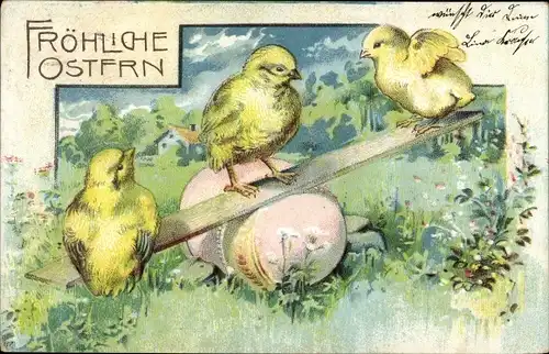 Ak Glückwunsch, Ostern, Osterei, Küken auf einer Wippe