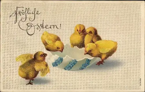 Präge Litho Glückwunsch, Ostern, Küken schauen in eine Eierschale hinein, Veilchen