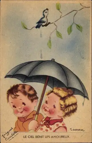 Künstler Ak Gougeon, Le Ciel Benit les Amoureux, Kinder mit Regenschirm, Vogel