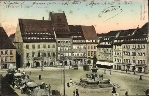 Ak Freiberg in Sachsen, Obermarkt, Zuckerwarenfabrik, Brunnen