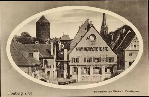 Passepartout Ak Freiberg in Sachsen, Donatsturm mit Kirche und Donatsgasse