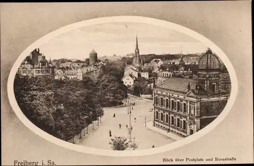 Passepartout Ak Freiberg Kreis Mittelsachsen, Blick über Postplatz und Hornstraße