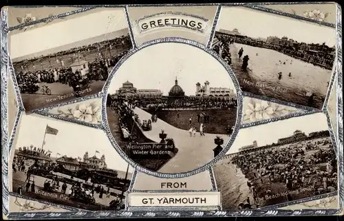 Ak Great Yarmouth East of England, New Bathing Pool, Beach, Britannia Pier, Tennis Courts