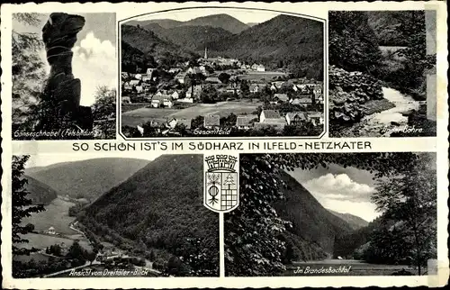 Ak Illfeld Harz, Hotel Netzkater, Brandesbachtal, Gänseschnabel, Panorama von der Ortschaft