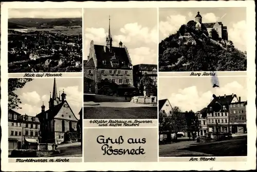 Ak Pößneck in Thüringen, Café Neubert, Rathaus, Brunnen, Markt, Kirche, Burg Ranis