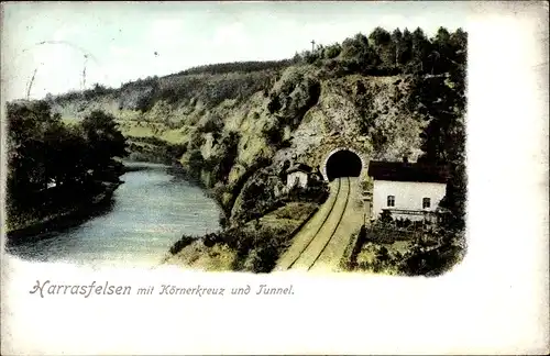 Ak Frankenberg an der Zschopau, Harrasfelsen, Körnerkreuz, Tunnel