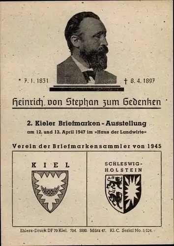 Wappen Ak Kiel in Schleswig Holstein, 2. Briefmarkenausstellung, Heinrich von Stephan zum Gedenken