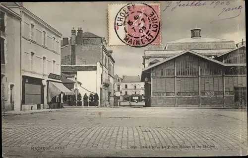 Ak Cholet Maine et Loire, La Place Rouges et les Halles