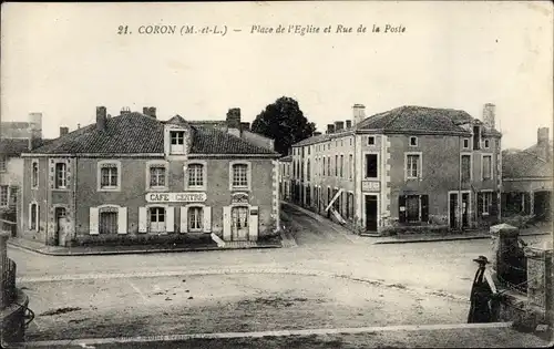 Ak Coron Maine et Loire, Place de l'Eglise et Rue de la Poste