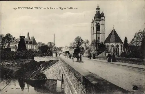 Ak Nogent le Rotrou Eure et Loir, Le Pont et l'Eglise Sainte Hilaire