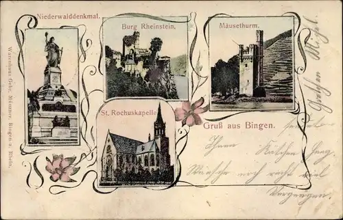 Ak Bingen am Rhein, Mäuseturm, Niederwalddenkmal, St. Rochuskapelle, Burg Rheinstei