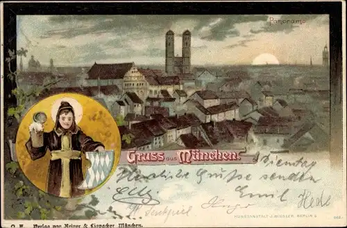 Künstler Ak München Bayern, Stadtpanorama, Frauenkirche, Münchner Kindl