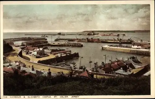 Ak Saint Helier Kanalinsel Jersey, The Harbour and Elisabeth Castle