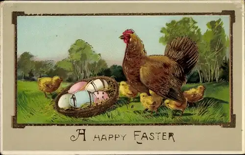 Ak Glückwunsch Ostern, Küken, Henne, Eier, Korb