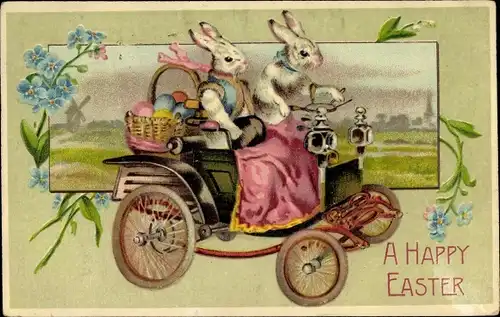 Ak Glückwunsch Ostern, Hasen, Auto, Korb, Eier