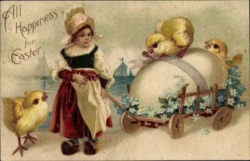 Ak Glückwunsch Ostern, Tracht Niederlande, Küken, Ei, Wagen, Vergissmeinnicht