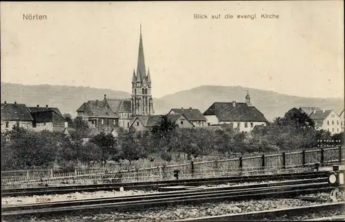 Ak Nörten Hardenberg in Niedersachsen, Evangelische Kirche, Bahngleise