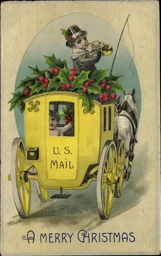 Präge Ak Glückwunsch Weihnachten, Postkutsche, US Mail, Mistelzweige
