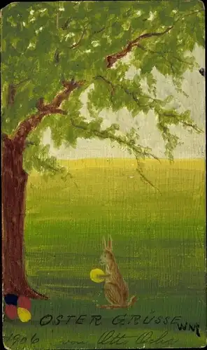 Handgemalt Künstler Ak Glückwunsch Ostern, Hase, Ei, Baum, Wiese