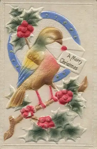 Präge Ak Glückwunsch Weihnachten, Vogel, Hufeisen, Mistelzweig