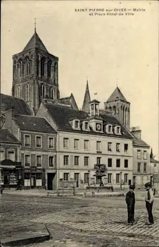Ak Saint Pierre sur Dives Calvados, Mairie et Place Hotel de Ville