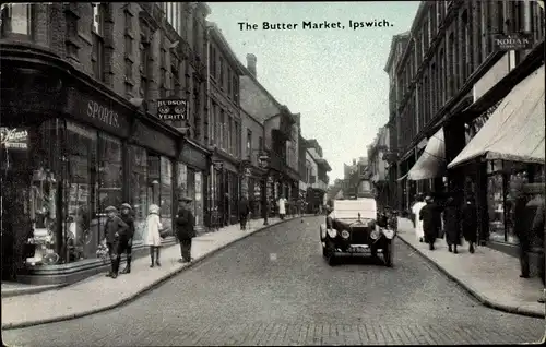 Ak Ipswich Suffolk, The Buttermarket, Automobile, Shops