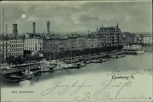 Mondschein Ak Hamburg Altstadt, Alter Jungfernstieg bei Nacht