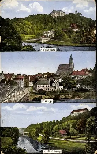 Ak Penig in Sachsen, Rochsburg, Wolkenburg, Ortsansicht, Fluss, Brücke