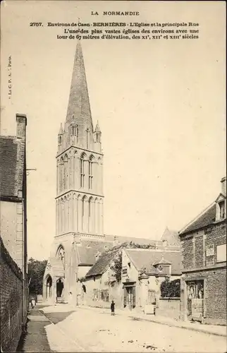 Ak Bernieres sur Mer Calvados, L'Eglise et la principale Rue