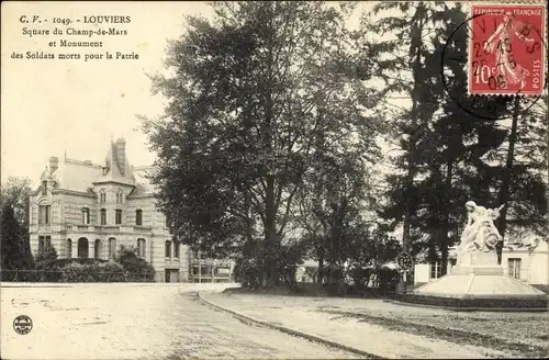 Ak Louviers Eure, Square du Champ de Mars et Monument des Soldats morts pour la Patrie