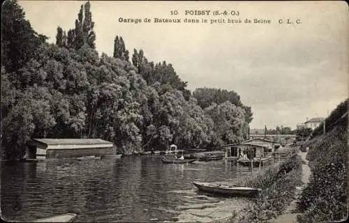 Ak Poissy Yvelines, Garage de Bateaux dans le petit bras de Seine