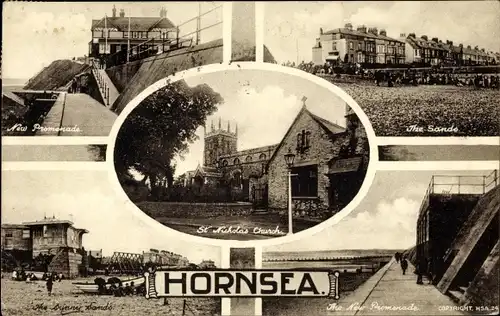 Ak Hornsea Yorkshire, The Sands, Promenade, St. Nicholas Church