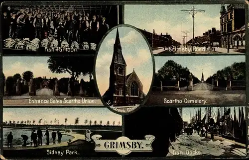 Ak Grimsby Yorkshire England, Fish Pontoon, Scartho Cemetery, Sidney Park, St. Andrew's Church