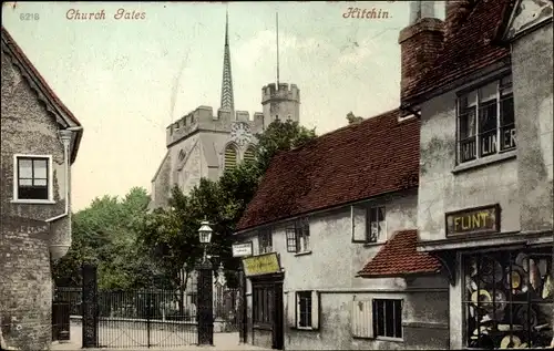 Ak Hitchin East England, Church Gates, Shop Flint