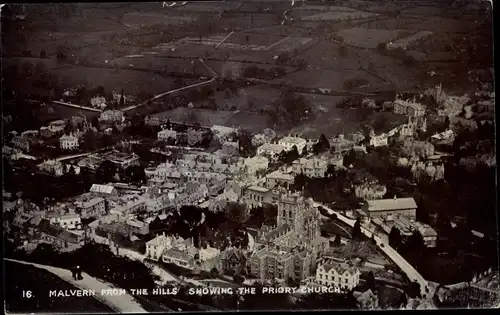 Ak Malvern West Midlands, View from the Hills showing Priory Church