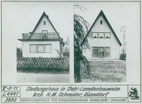 Foto Düsseldorf am Rhein, Siedlungshaus in Stahl Lamellenbauweise, Architekt Schneider