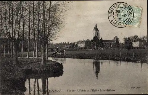 Ak Nogent le Rotrou Eure et Loir, Vue sur l'Huisne et l'Eglise Saint Hilaire