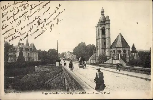 Ak Nogent le Rotrou Eure et Loir, Eglise Saint Hilaire et vue du Pont