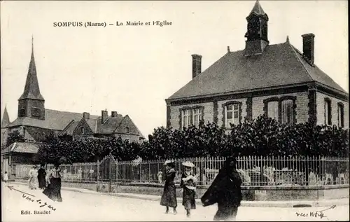 Ak Sompuis Marne, La Mairie et l'Eglise